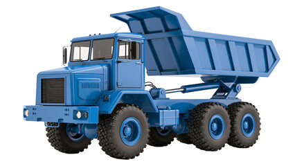 Fototapeta premium Isolated blue heavy duty dump truck for construction and mining industries, 3D render illustration