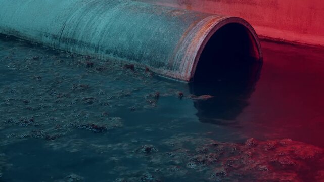 Concrete drainage pipe discharges rippling water into a shallow channel
