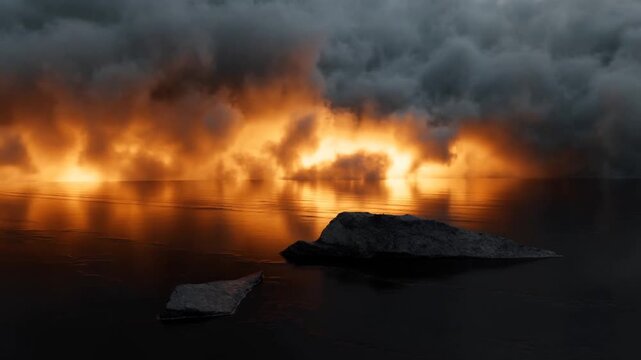 Distant flames glow beneath heavy storm clouds over dark water and rocky shore