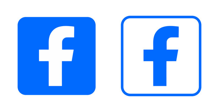 Facebook Logo Icon Set, Two Blue Rounded Square Variations Featuring Solid Fill and Outline Styles, Isolated on White Background.