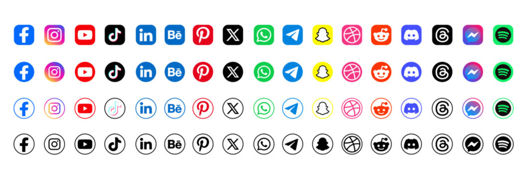 Facebook, Instagram, YouTube, TikTok, LinkedIn, Behance, Pinterest, X, WhatsApp, Telegram, Snapchat, Dribbble, Reddit, Discord, Threads, Messenger, Spotify. Vector Icon Set in Color and Monochrome.