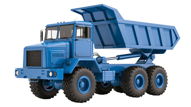 Isolated blue heavy duty dump truck for construction and mining industries, 3D render illustration