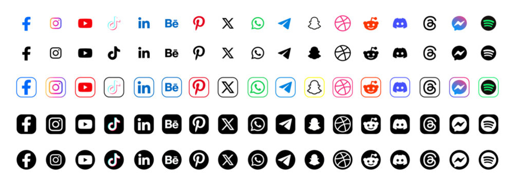 Facebook, Instagram, YouTube, TikTok, LinkedIn, Behance, Pinterest, X, WhatsApp, Telegram, Snapchat, Dribbble, Reddit, Discord, Threads, Messenger, Spotify. Vector Icon Set in Color and Monochrome.