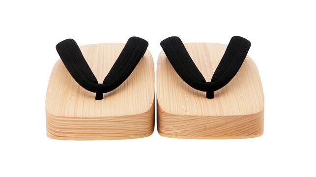 Isolated traditional Japanese wooden sandals, cultural footwear with dark black fabric straps.