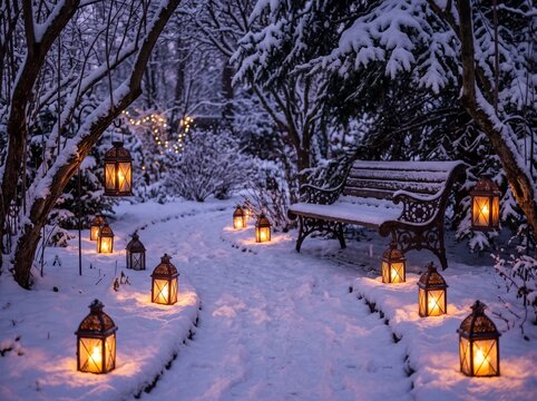 Winter garden path with lanterns and bench