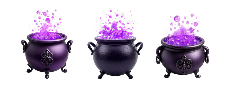 Set of witch cauldrons bubbling with purple magic potion isolated on white background for Halloween decoration, alchemy, fantasy, and spooky design concept