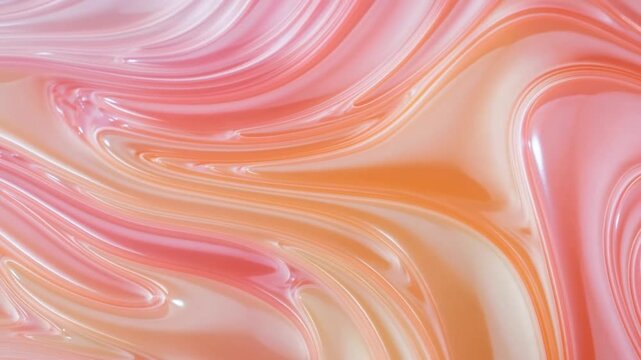 Glossy pink and orange liquid marble pattern forms layered abstract swirls on a cream background