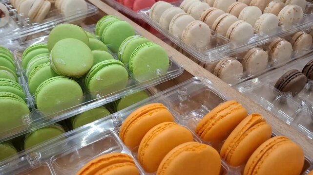 Colorful orange and green macarons are displayed in transparent plastic trays inside a bakery shop. French dessert, sweet pastry, colorful macarons, bakery display.