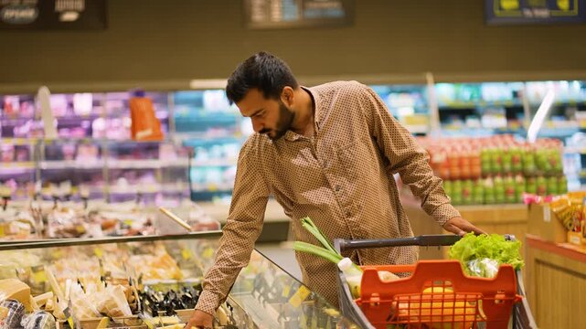 Pakistani man choosing cheese at the supermarket deli counter