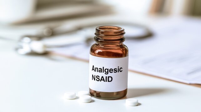 Photographic still life of NSAID analgesic tablets and bottle on a clean medical desk with stethoscope