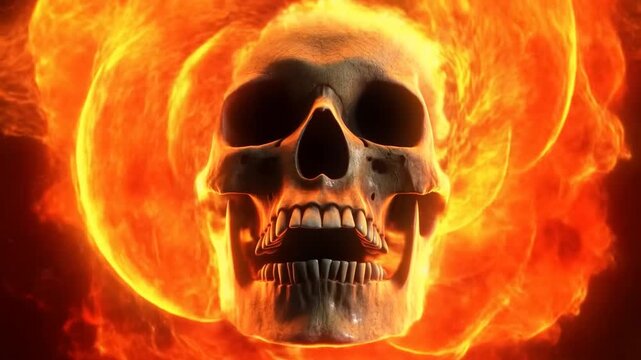 Human skull surrounded by swirling flames and flying sparks against a dark background