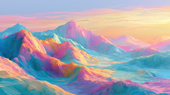 Pastel low poly mountain landscape with glowing sunrise light and layered abstract peaks in vibrant cyan pink gold tones across dreamy panoramic terrain and soft atmospheric sky with serene modern