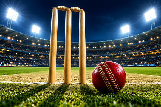 Wooden cricket stumps and leather red ball resting on green pitch inside glowing stadium night
