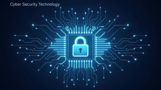 Glowing cybersecurity padlock at center of printed circuit traces on dark blue background