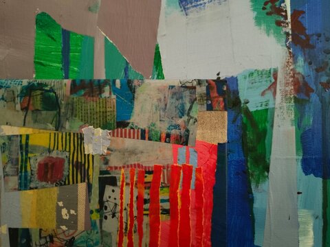 Green, mauve and pale blue painted areas meet a patchwork collage with yellow striped paper, linen and a row of torn red strips. Blue brushstrokes and paint splatters fill the right side.