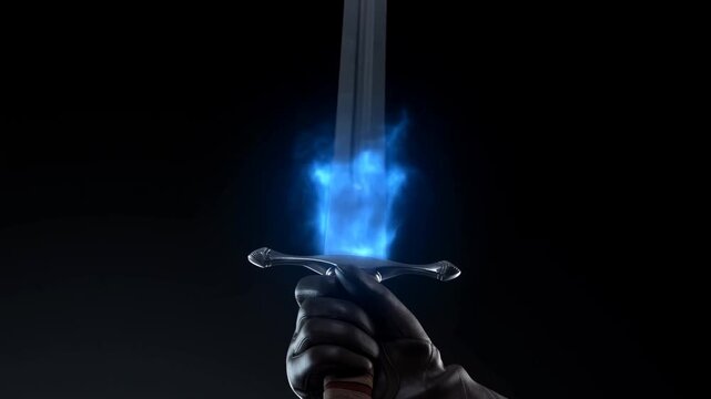 Gloved hand grips an ornate sword hilt against a dark blue illuminated backdrop
