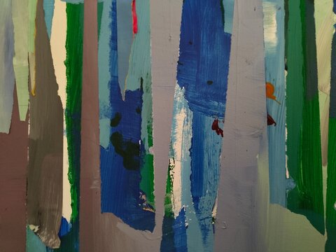 Vertical strips of cobalt blue, lavender grey, green and mauve are layered with visible brushwork and torn edges. Small orange and burgundy drops add subtle accents.