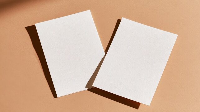Pair of empty white invitation cards on a calm neutral surface for wedding or event stationery