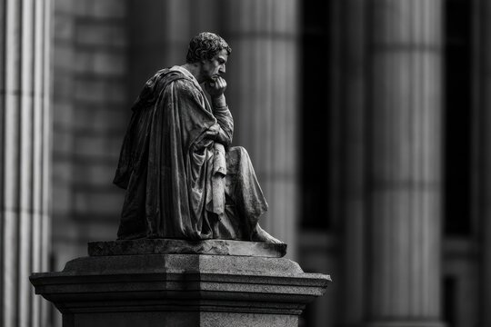 Monochrome statue of a contemplative jurist before a historic courthouse, dramatic lighting and ample text space