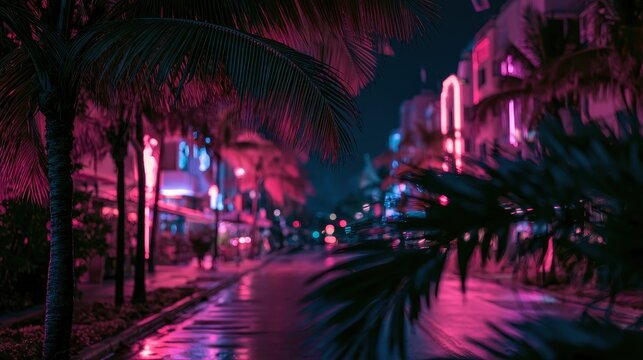 Vibrant retro neon city night with palm fronds and luminous hues for nostalgic summer mood