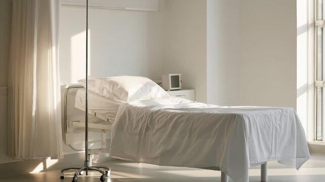 Quiet maternity ward corridor with a deserted bed and clean-room atmosphere