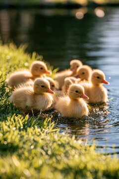 Playful yellow ducklings by a sunlit pond on a grassy bank