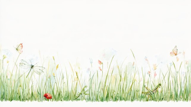 Soft hand-painted illustration of a meadow edge with insects for decorative borders