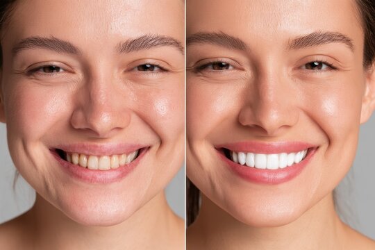 Two-panel portrait of a woman's smile: before and after teeth whitening