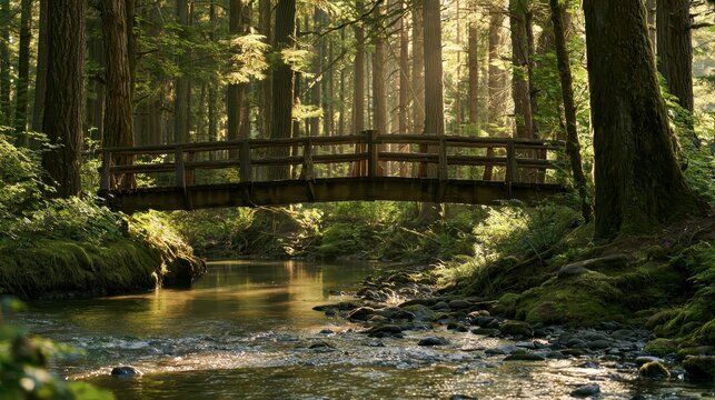 Peaceful Nature Scene: Bridge Crossing a Greenwood Stream