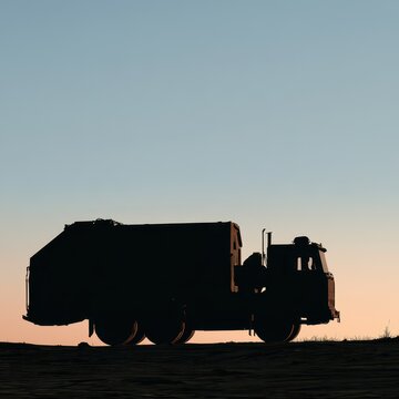 Minimalist side-view silhouette of a heavy-duty garbage truck