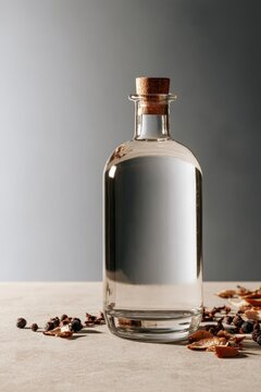 Product shot of a gin bottle mockup featuring juniper berries and citrus garnish