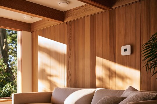 Residential wooden interior emphasizing fire and carbon monoxide detectors in a calm living space