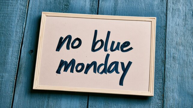 Whiteboard message 'no blue monday' on a blue wooden background &acirc;&euro;&rdquo; top-down flat lay with copy space