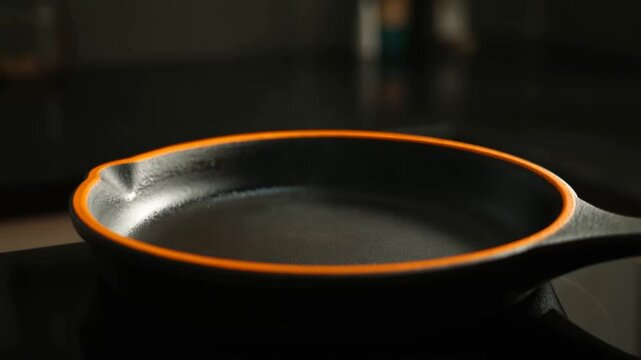 Cast iron skillet steaming on a stovetop as wisps of vapor rise in a dim kitchen