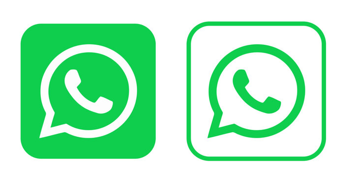 WhatsApp Logo Vector Icon Pair, Green Filled and Outlined Rounded Squares with Phone and Speech Bubble Symbols on White Background.