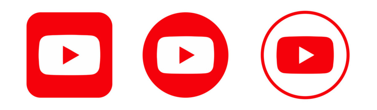 YouTube Social Media Vector Icon Set, Three Red Logo Variations Featuring Rounded Square, Circle and Circular Outline Styles on White Background.