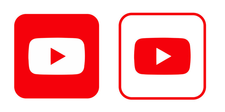YouTube Logo Vector Icon Pair, Red Filled and Outlined Rounded Square Designs with Play Symbols, Isolated on White Background.