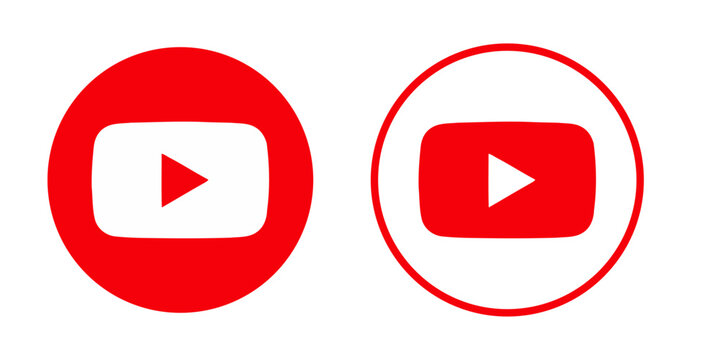 YouTube Circular Logo Vector Icon Set, Red Filled Circle and Outlined Circle Variations with Play Symbols on White Background.
