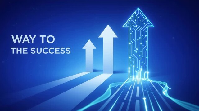 Glowing pathway with rising arrows and circuit pattern leading upward to future business success