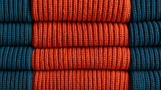 Close-up of vibrant orange and dark blue knitted fabric rows with a rhythmic texture. Ideal for fashion design, textile industry, or cozy winter home backgrounds.