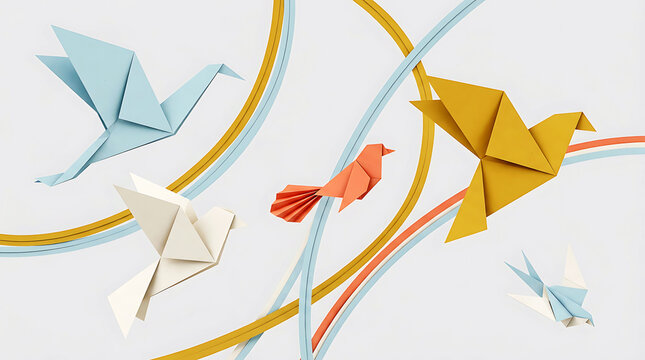 Colorful origami paper birds flying across a soft textured background with creative