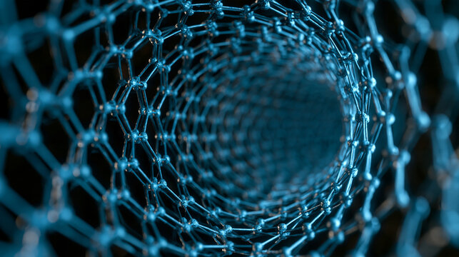 A 3D rendering of a carbon nanotube structure showing a glowing blue molecular lattice. Represents nanotechnology and advanced scientific research concepts.