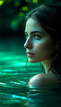 A frozen moment in emerald silence: the girl, barely touching the water, gazes into the distance &mdash; her gaze holds a slight sadness and an expectation of something important, while the soft light fades