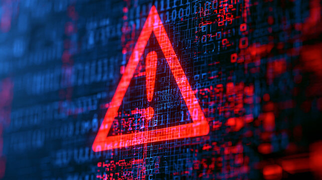 A glowing red warning sign symbol on a dark blue digital binary code background. Perfect concept for cybersecurity threats and data breach alerts.