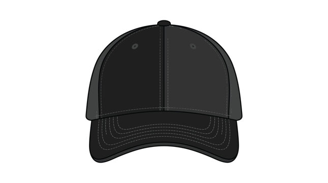 Black baseball cap mockup presents front view with curved brim, stitched panels, eyelets, and adjustable strap.