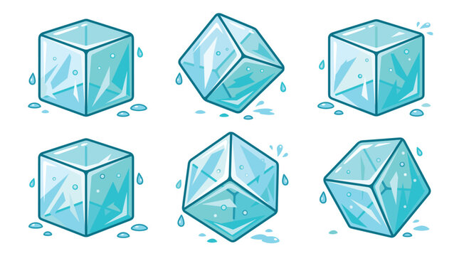 Collection of melting blue ice cubes in various angles with water droplets dripping around them.