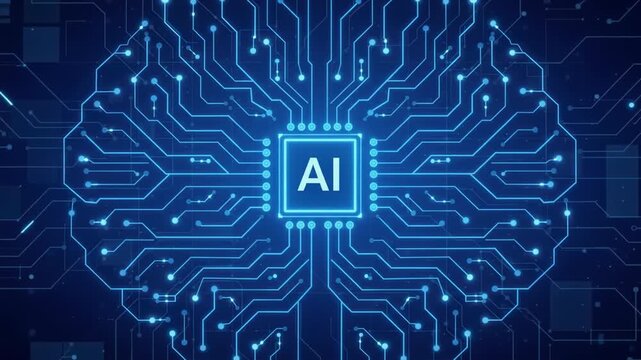Glowing blue artificial intelligence brain circuit diagram on dark futuristic technology background