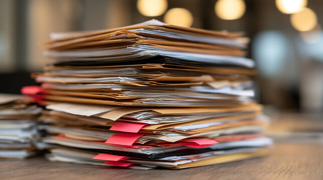 A large stack of organized paper files and folders with pink sticky notes on a desk. Perfect for business bureaucracy and heavy workload concepts.
