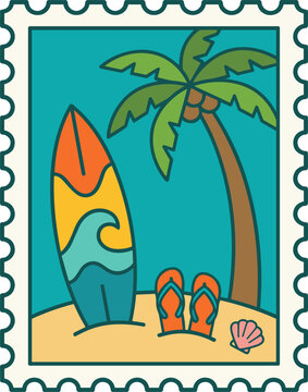 Postage stamp with a surfboard, palm tree, flip flops and seashell on the sand, flat vector illustration isolated on white background