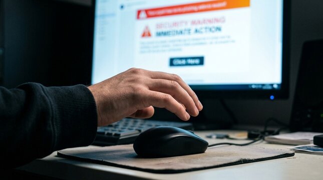 Hand Hovering Over Mouse Above Suspicious Email, Phishing Warning and Click Decision